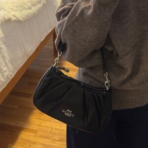 Coach Smooth Black Leather Terri Shoulder Bag with Ruching